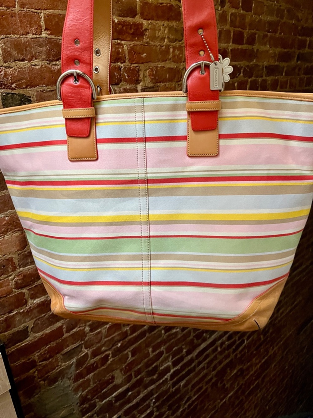 Coach Pastel Multi Striped Canvas Tote with Coral Leather Straps